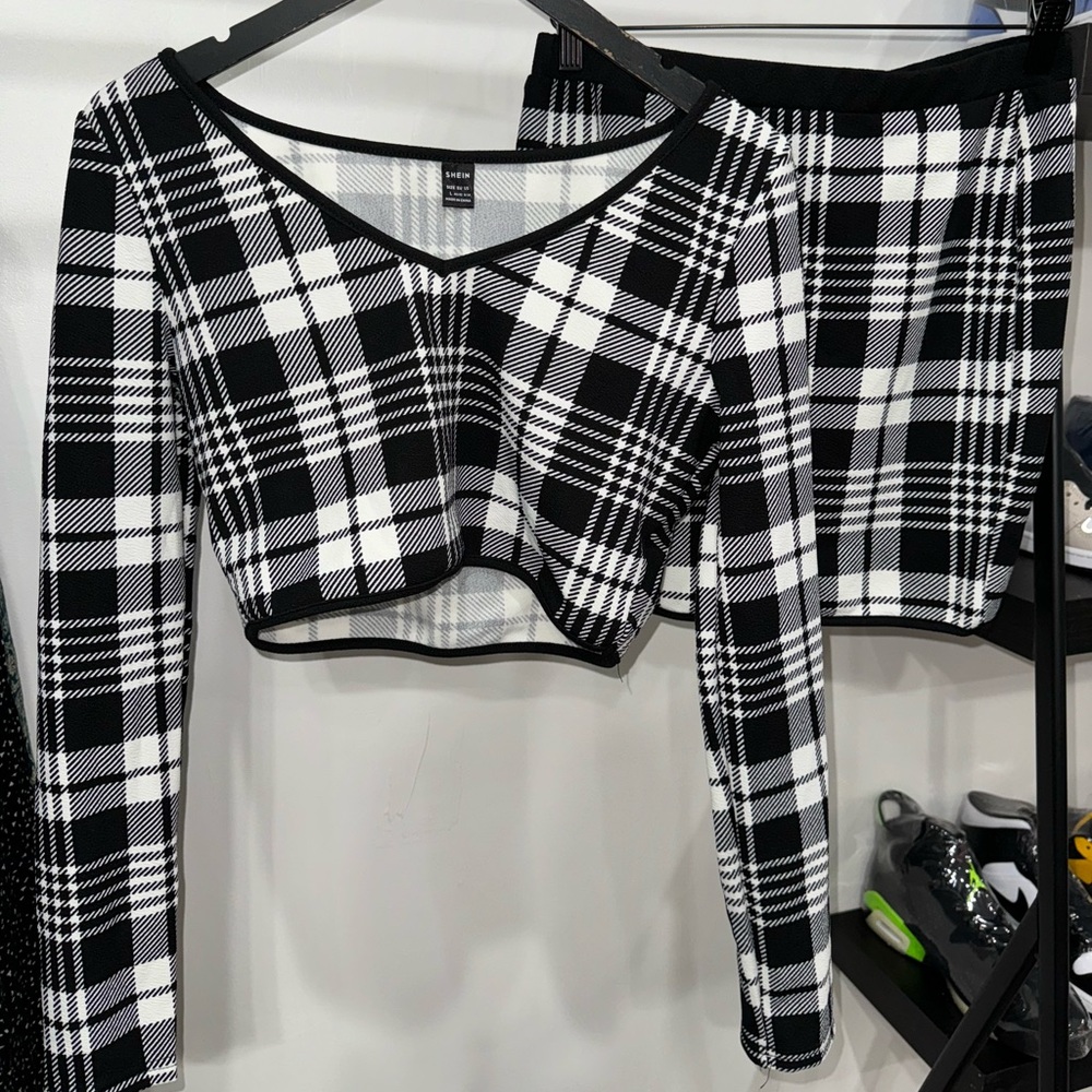 Black-and-white plaid two piece set